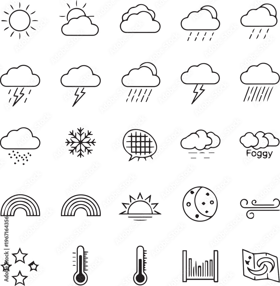 Fototapeta premium Minimalist Weather Icon Set - Outline Vector Symbols for Forecast and Meteorology