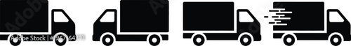 Home relocation truck silhouette icon set in black color isolated on white background with moving truck design for transport and delivery service concepts