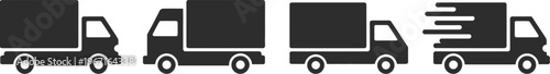 Home relocation truck silhouette icon set in black color isolated on white background with moving truck design for transport and delivery service concepts
