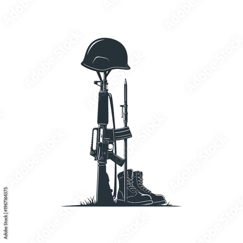 Fallen Soldier Memorial: Helmet, Rifle, Boots, and Bayonet on White Background