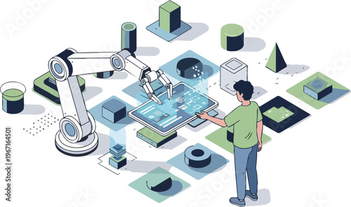 Isometric Industry 4.0 Concept with Human-Robot Collaboration and Smart Manufacturing Illustration