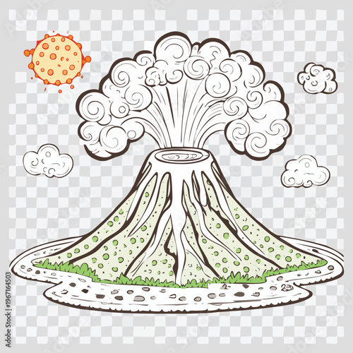 Cartoon volcano erupting with smoke and clouds against a transparent background