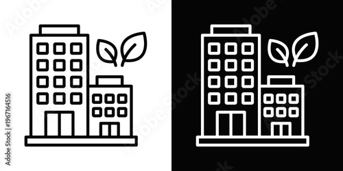 Green Buildings Icon In Black And White Filled Style.