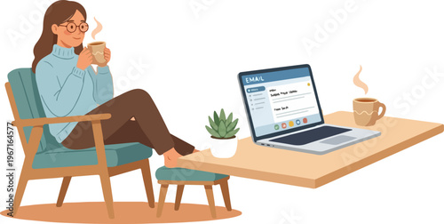 Woman wrapped in cozy blanket holding hot drink by window