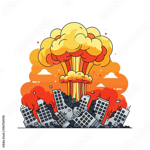 Massive City Explosion and Mushroom Cloud, Destruction After Blast, Urban Disaster