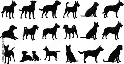 Collection of dog silhouettes, various breed icons, puppy poses, canine vector graphics for pet shop branding, veterinary clinic designs, and animal