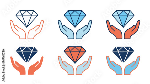 Set of Hands Holding Diamond Icons in Various Colors and Styles