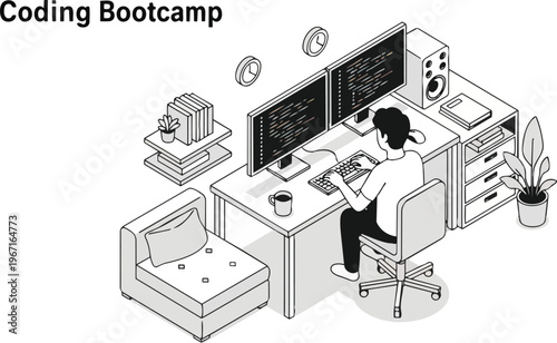 Isometric Coding Bootcamp Illustration: Software Developer Programming at Modern Workspace with Dual Monitors