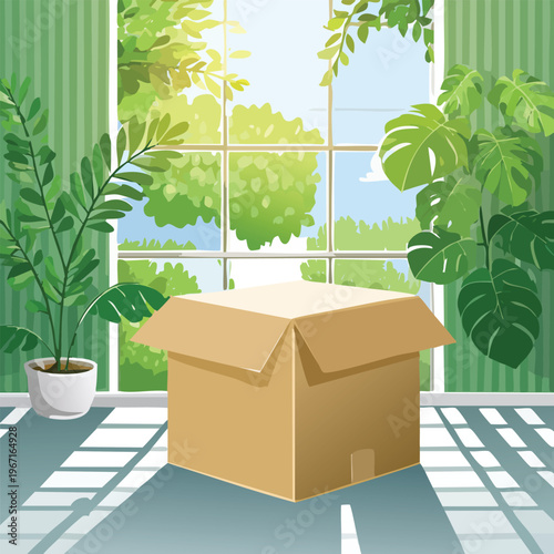 Cardboard box in bright room with plants near window and sunlight