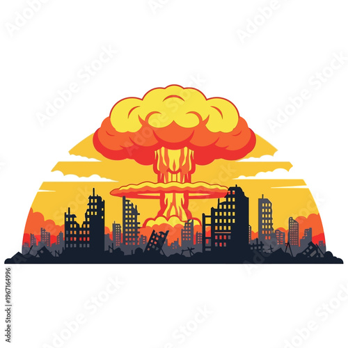 Nuclear explosion mushroom cloud over destroyed city skyline, apocalyptic scene