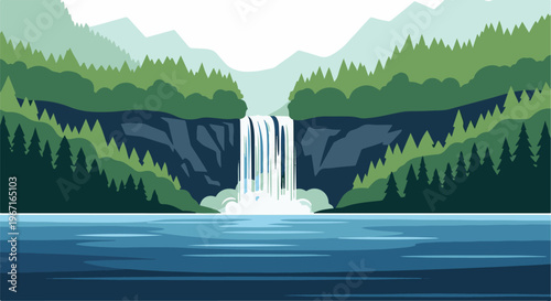 Stylized waterfall cascading into a lake surrounded by lush green forests and distant mountains