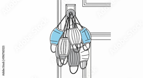 Surgical masks hanging from a doorknob, a collection for safety and health