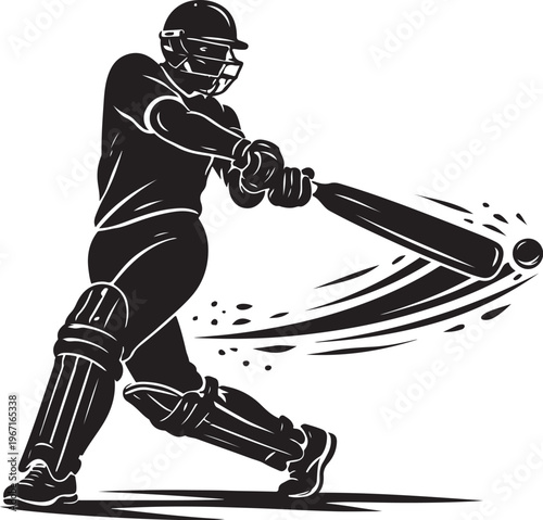 Dynamic vector graphic illustration of a cricket batsman powerfully hitting a fast-moving ball with full force