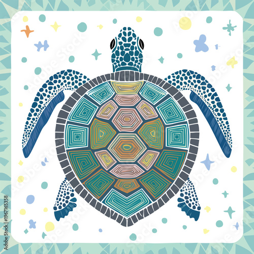 Colorful sea turtle illustration on white background with decorative elements