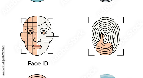 Biometric icons, Face ID, fingerprint recognition, security symbols, vector graphics