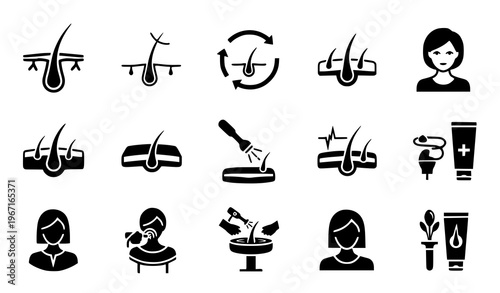 Hair follicle dermatology treatment silhouette icon set vector beauty and scalp care symbols isolated on white background