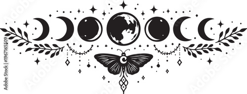 Mystical celestial vector graphic illustration featuring the phases of the moon and an elegant moth design
