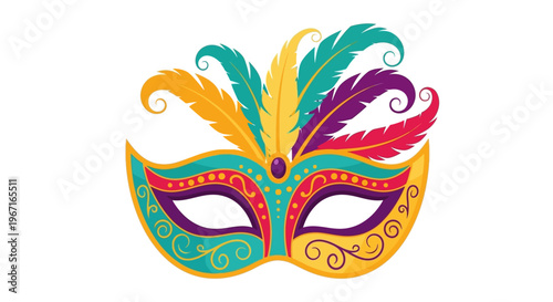 Colorful mardi gras mask with feathers and ornate detailing