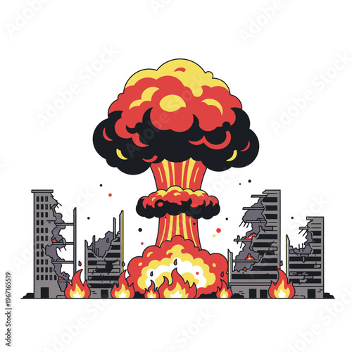 Nuclear Explosion Over Destroyed Cityscape with Fire and Debris - Illustration