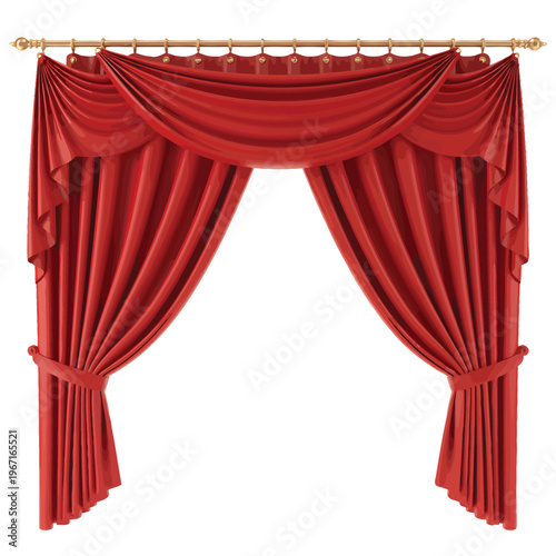 Elegant red stage curtains with gold trim dramatically draped and isolated
