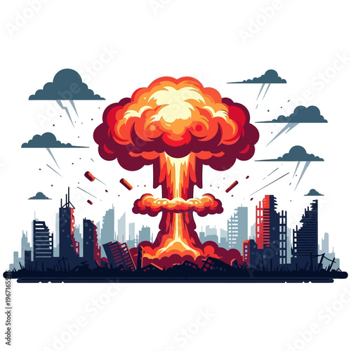 Nuclear explosion over destroyed city skyline, post-apocalyptic scene, mushroom cloud