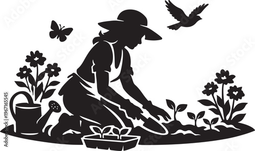 Gardening woman silhouette vector, female gardener planting flowers in garden, black and white hobby farming graphic