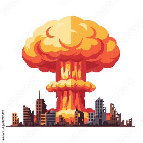 Nuclear Explosion Over Destroyed Cityscape, Atomic Bomb Blast Mushroom Cloud