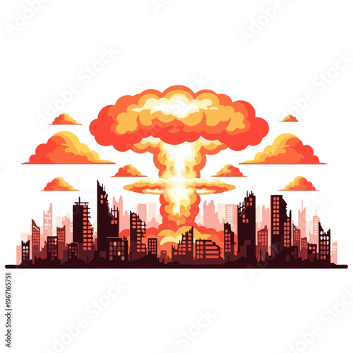 Nuclear explosion over ruined city skyline, mushroom cloud, destruction, apocalypse concept