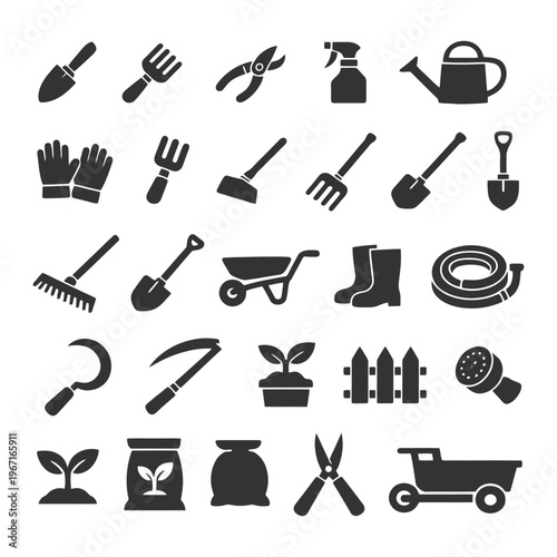 Gardening tools set: trowel, pruners, watering can, gloves, hose, rake, wheelbarrow.