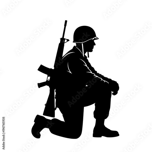 Silhouette of a soldier kneeling with rifle on white background
