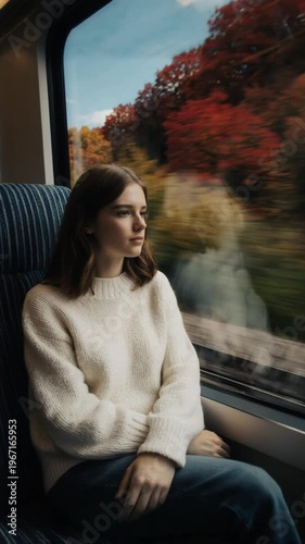 Woman looking out train window traveling.