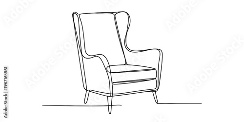A continuous line drawing of an elegant wingback chair on a plain white background for design. Vector, illustration