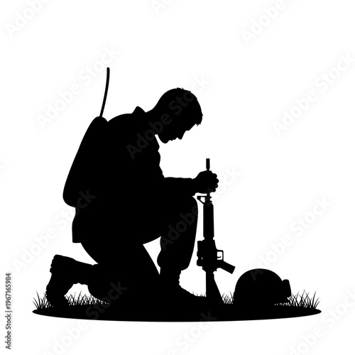 Silhouette Soldier Kneeling Prayer Rifle Helmet On Grass Military Remembrance