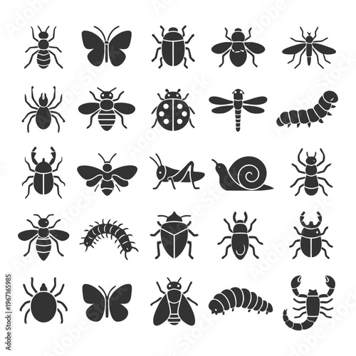 Insect and bug silhouettes collection: butterflies, beetles, spiders, and more.