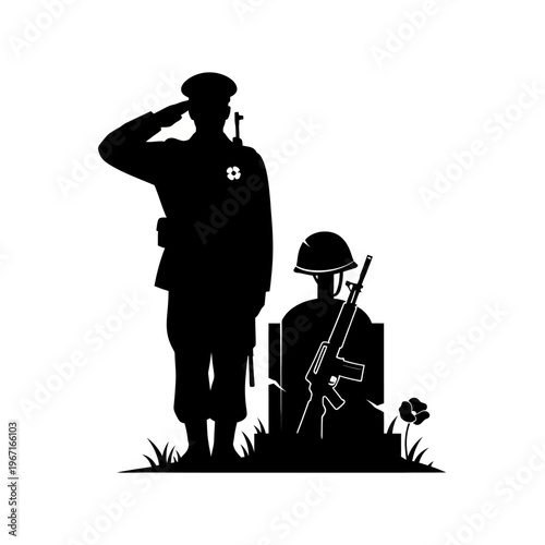 Silhouette Soldier Salutes Fallen Comrade at Grave with Poppy