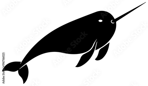 A black silhouette of a narwhal swimming
