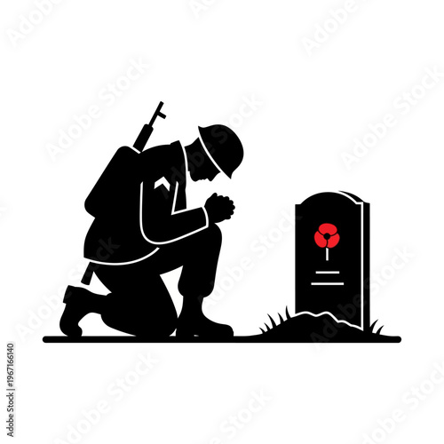 Soldier kneeling at grave with poppy, remembering fallen heroes, silence and respect