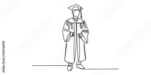 A single continuous line drawing of a graduate student wearing a cap and gown for a ceremony Vector, illustration