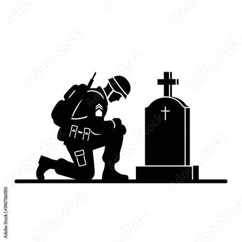 Soldier kneeling at grave, military remembrance, fallen hero tribute, cross tombstone, respectful silhouette