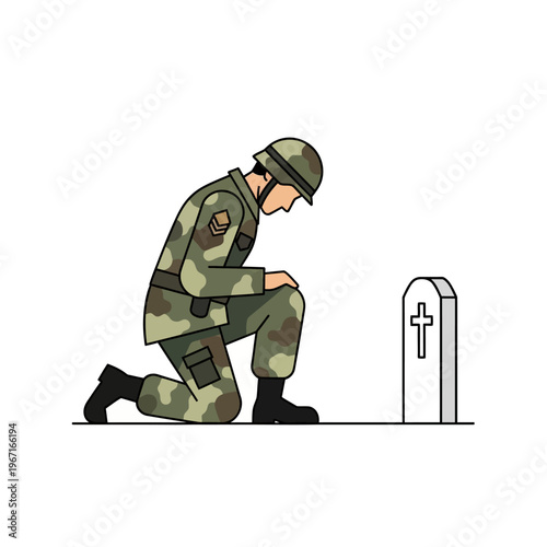 Soldier kneeling at grave, memorial, remembrance, military, sacrifice, loss, grief, honor