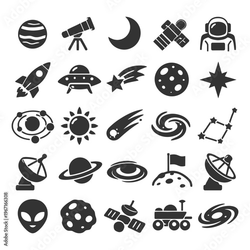 Space exploration icons: rocket, astronaut, telescope, alien, ufo, planet.
