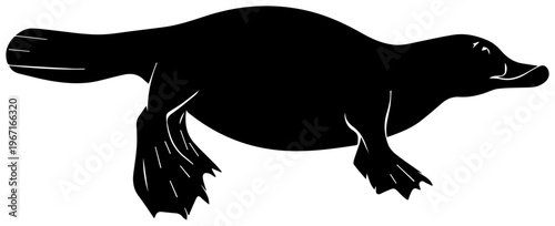 A black silhouette of a platypus swimming