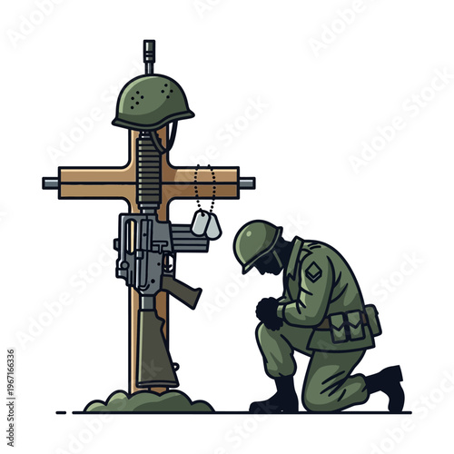 Soldier Kneeling Before Rifle Cross Memorial, Honoring Fallen Comrades