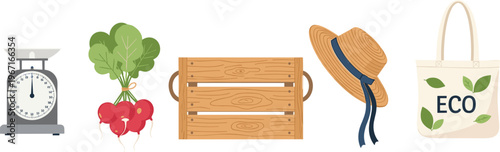 Farmers market and eco lifestyle elements with weighing scale, fresh vegetables, wooden crate, straw hat and reusable bag in flat vector illustration