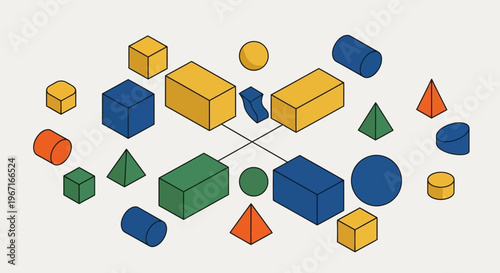 Collection of geometric shapes in isometric perspective.
