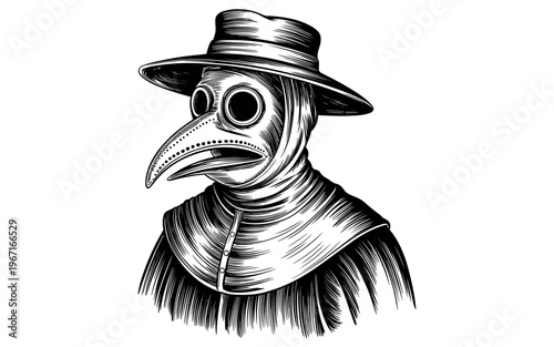 Plague doctor mask illustration with wide brim hat and feather collar vector art black and white medical history