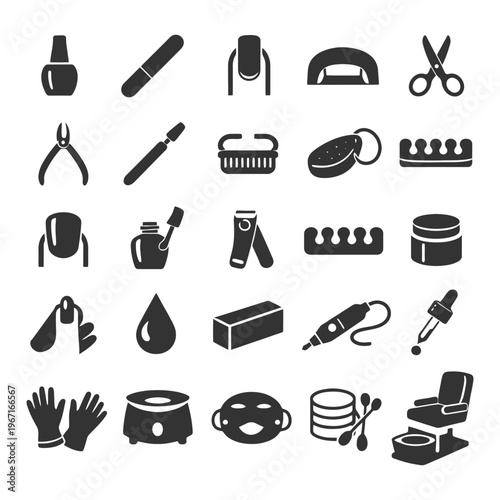 Manicure and pedicure tools silhouettes for nail care and beauty.