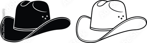 Cowboy hat illustration, western fashion accessory, black and white outline design, wide brim style silhouette drawing reference – flavector