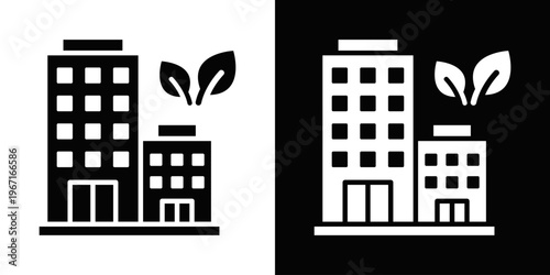 Green Buildings Icon In Black And White Filled Style.
