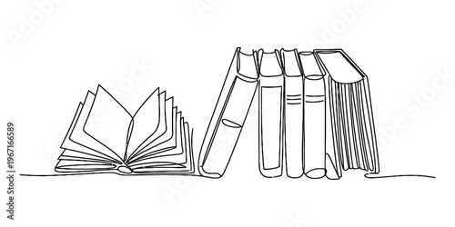 A single line drawing representing an open book beside a row of stacked upright library books Vector, illustration
